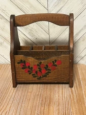 Vintage Wood Utensil Napkin Caddy Holder Wooden Box Farmhouse  8.5x10”