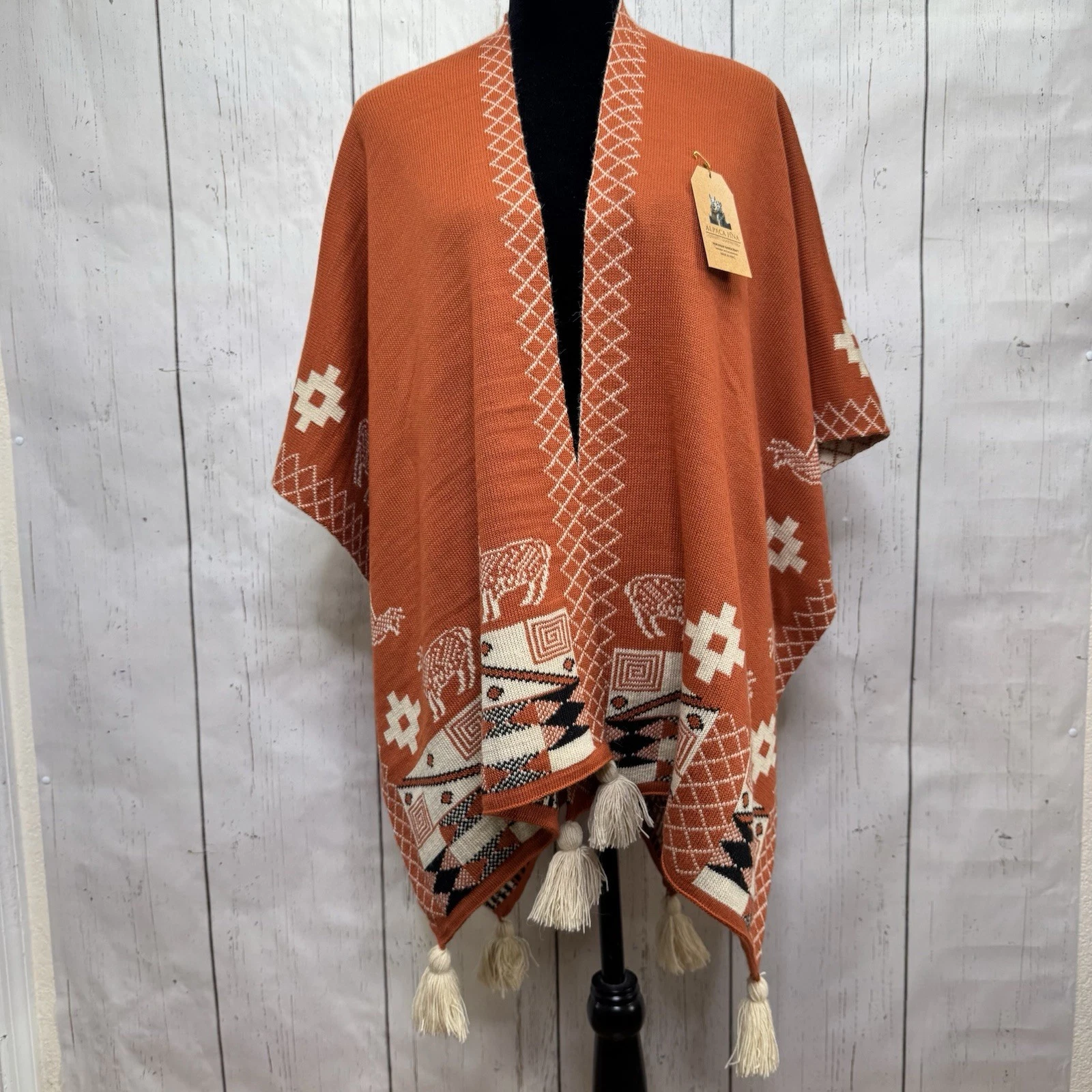 Alpaca Fina Reversible Alpaca Knit Poncho Shawl Tassels Made in Peru OS