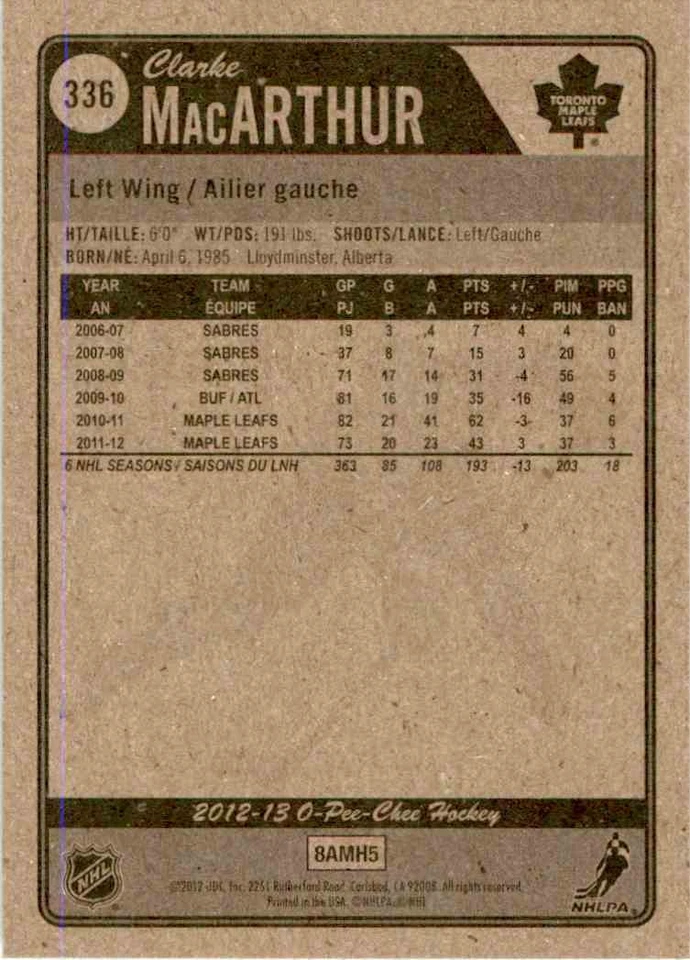 2012-13 O-Pee-Chee Clarke MacArthur #336 - Image 2 of 2