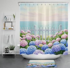 Ocean Coastal Pink and Blue Hydrangea Shower Curtain Set for Bathroom Decor