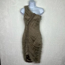 Thomas Wylde Ruched One Shoulder Mini Dress Tan *Small Silk Blend
