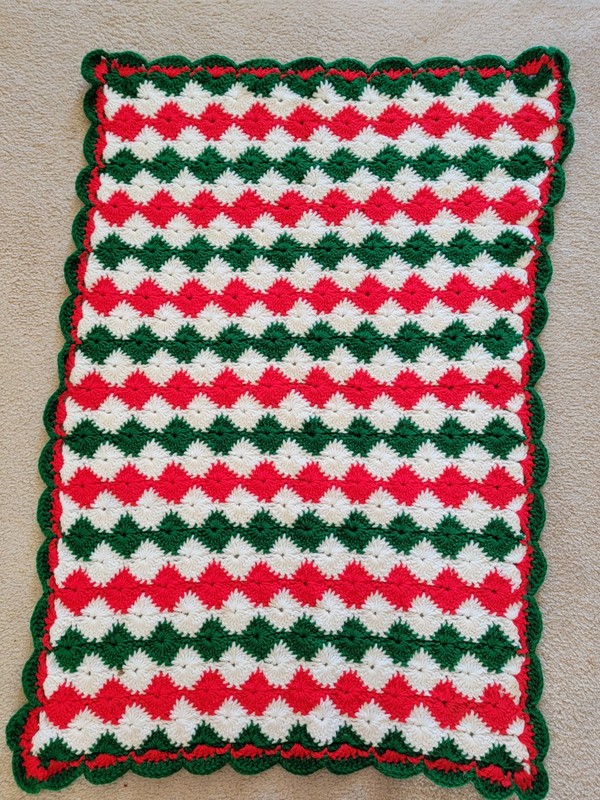 Small Crochet Blanket, 24 x 36, White, Red and Green
