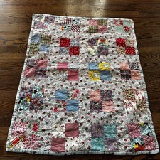 Vintage Patchwork Baby Crib Quilt 27 X 33 Hand Pieced and Quilted Flannel Back