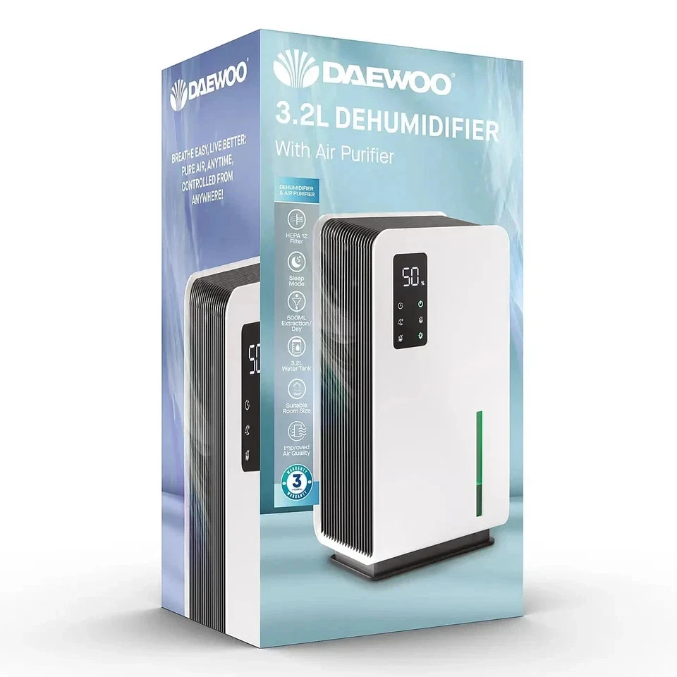 Daewoo 3.2L Dehumidifier & Air Purifier HEPA Filter, Night Mode, Auto Shut-Off - Image 3 of 4
