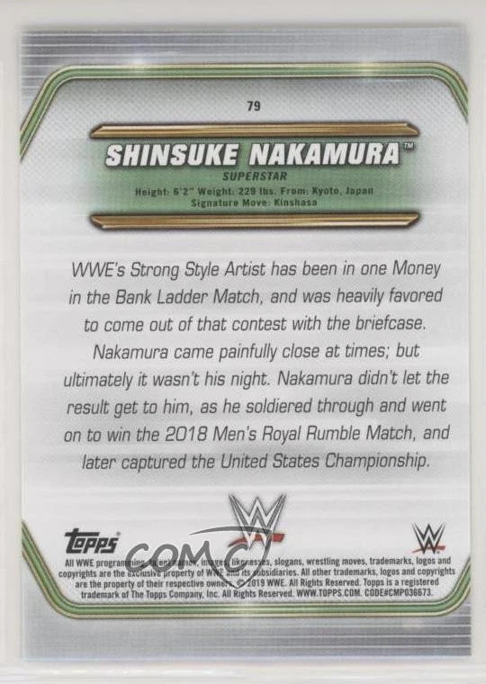2019 Topps WWE Money in the Bank Shinsuke Nakamura #79 - Image 2 of 2
