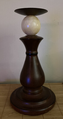 Wooden Candlestick with Cream Color Soap Stone Ball Orb Accent Measures 11  Tall