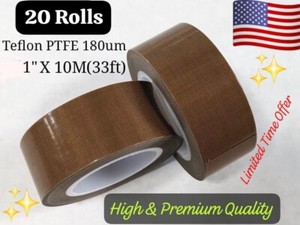 20 Roll 1" X 33ft Teflon Tape PTFE 180um Thick 260 660F Adhesive High Fiberglass