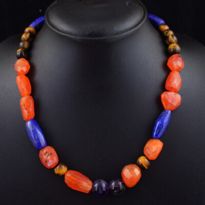 413 Cts Earth Mined Carnelian & Lapis Lazuli Beaded Necklace Jewelry SK 44E433 
