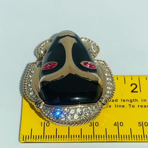 Vintage PANETTA Black Enamel Face Mask Rhinestones Pink Eyes Pendant Brooch - Picture 10 of 11