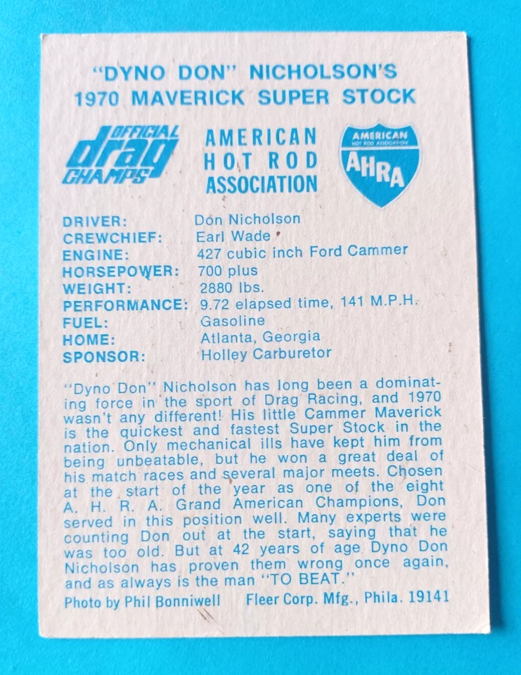 Fleer Ahra Hot Rod Association 1971 Don Nicholson's 1970 Maverick Super Stock Ex Foto 3 de 3