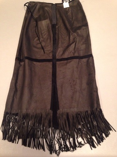 Women's 6 Cuir Zebra Leather Long Black Suede Fringe Skirt - Picture 9 of 12