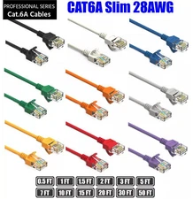 0.5 - 50 Ft CAT6A Slim RJ45 Network LAN Ethernet Copper Wire Color Patch Cable