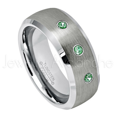 0.21ctw Emerald 3-Stone Ring, May Birthstone Ring, Tungsten Wedding Band #007