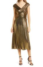 Tadashi Shoji Bronze Cap Sleeve Metallic Jersey Midi Dress Size Small 388