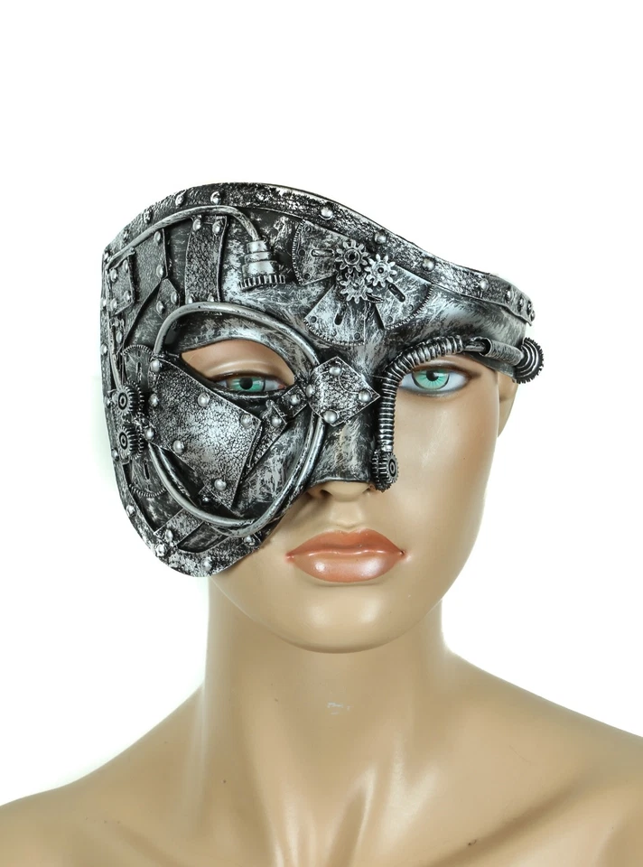 Burning Man Half Mask Steampunk Gear Halloween Costume Masquerade Mask-Silver - Image 2 of 3