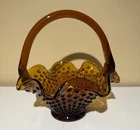 Vintage Fenton Amber Brown Golden Art Glass Basket Hobnail Ruffle Edge