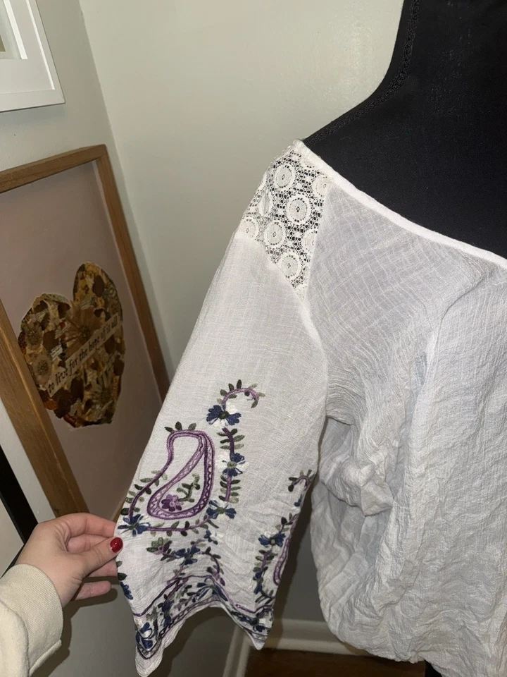 Top Anthropologie Higo y Flor Mujer Bordado Talla 3X Blanco Boho Gasa Foto 2 de 4
