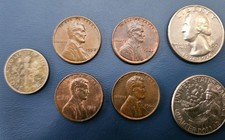 7 Mixed US Circulated Coins 1 Wheat + 2 cents no mint marks, 2 x Quarters + Dime