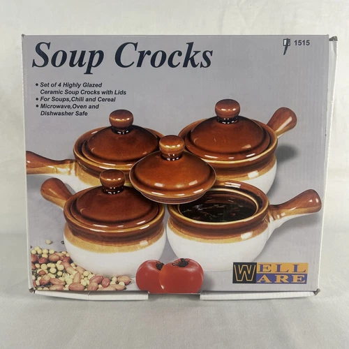Set Of 4 Stoneware French Onion Soup Chili Crocks With Lids Handles Well Ware