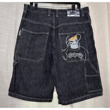 Y2K Vintage Southpole Black Denim Baggy Shorts B Boy Embroidered Denim Men's 36