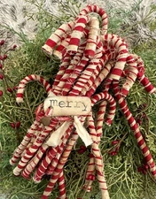 15 Primitive Rag Fabric Wrapped Candy Canes Christmas Ornaments Red White Grubby