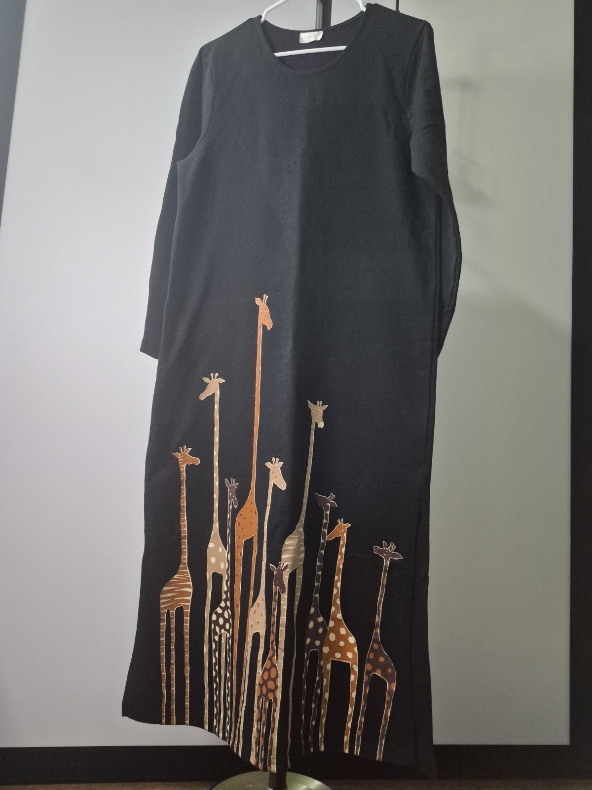Vtg 90s CITE Giraffe Maxi Dress M, Black Cotton Soft Whimsical Safari Artsy