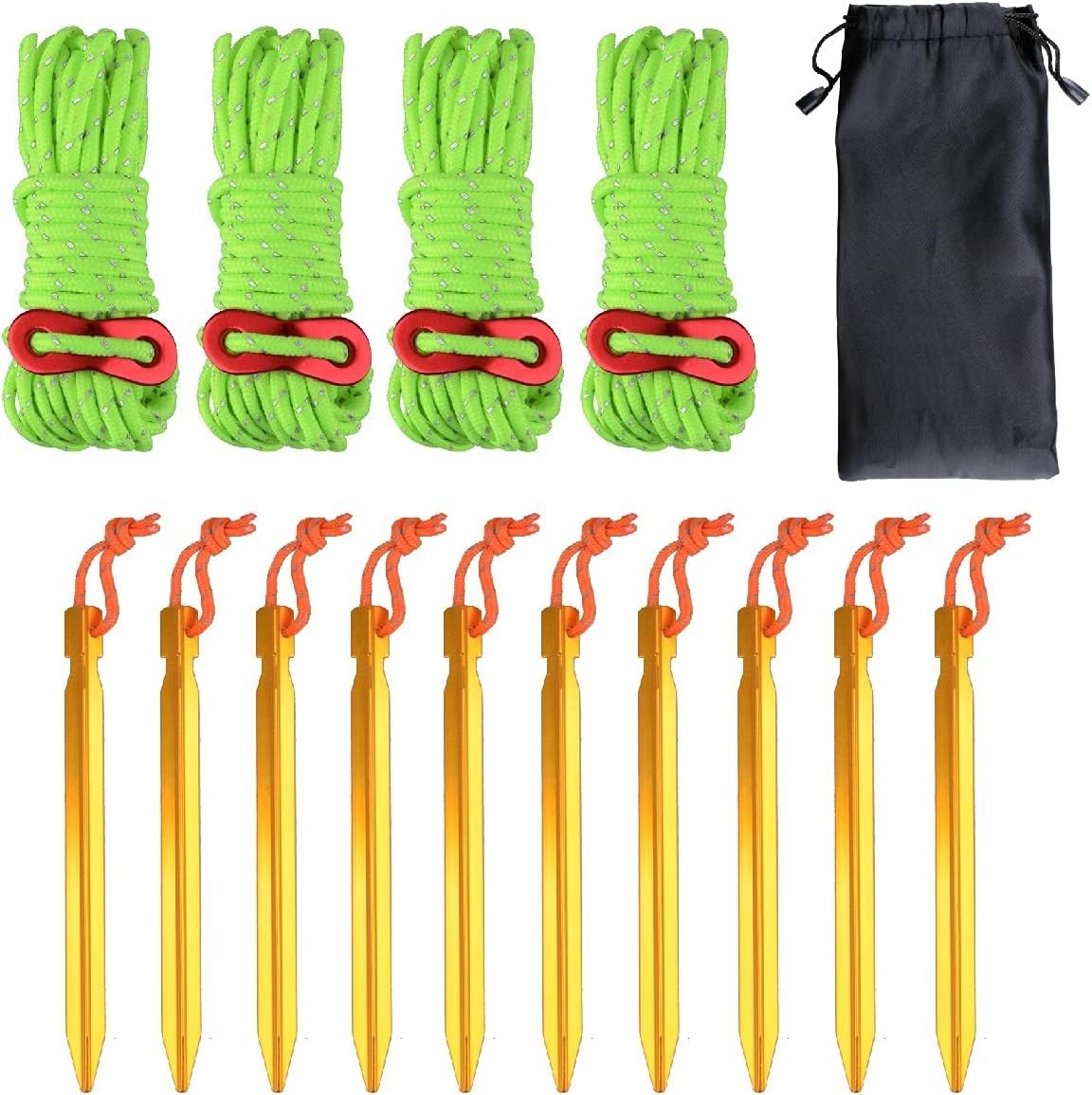 Durable 4mm Reflective Camping Guyline Pack with Aluminum Adjusters - 10 Stakes