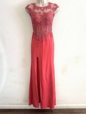 La Femme Coral Lace Beaded Sheer Evening Gown Size 0 #16 NWT