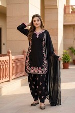Designer Black Roman Silk Salwar Kameez With Dupatta For Indian Party Wear