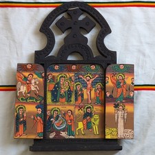 Gran tríptico ortodoxo etíope icono altar de madera pintado a mano santuario