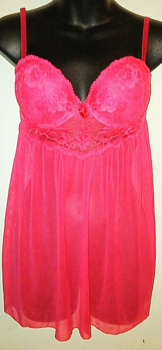 H & M LINGERIE SIZE 8 MEDIUM RED SEMI-SHEER LACE PADDED UNDERWIRE NIGHTGOWN