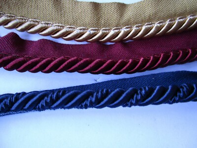3/8''  Twisted Rope Rayon Trim Edge with Seam Tape Gold, Navy Or Wine BTYard