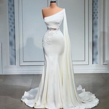 Satin Mermaid Wedding Dresses One Shoulder Sweep Train Applique Princess Gown