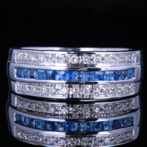 Sterling Silver 0.7CT Round Diamonds Princess Sapphires Ring Band Fine Jewelry - Picture 2 of 7