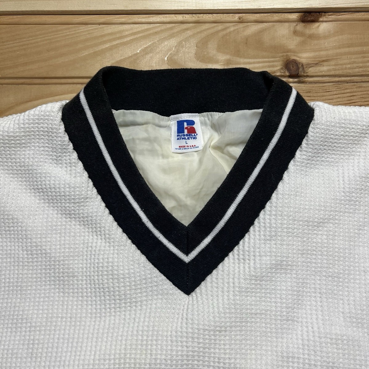 Vintage 90s Russell Waffle Knit Pullover Sweatshirt V Neck