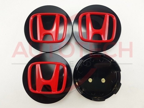 Black/Red HONDA Set Of 4 Wheel Center Caps 69MM - Picture 4 of 5