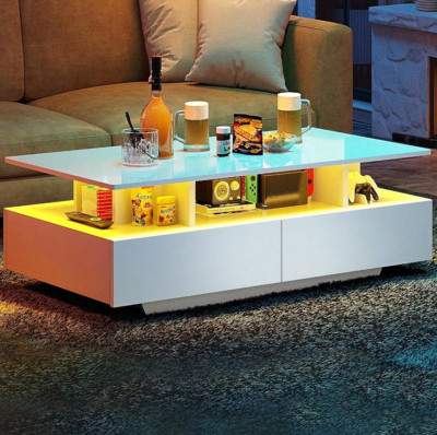 Hochglanz LED Couchtisch mit Stauraum Holz 4 Schubladen Wohnzimmer Möbel