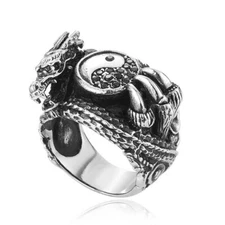 Tribal Dragon Claw Tai Chi Ying Yang Ring Stainless Steel Men's Biker Punk Rings