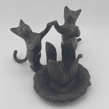 Bronze Pair Of Upright Cats Around Flower Jewelry/Candle Holder 4" Tall Playful
