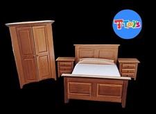 Dolls House wooden furniture Complete Double bed set wardrobe side tables 1/12th