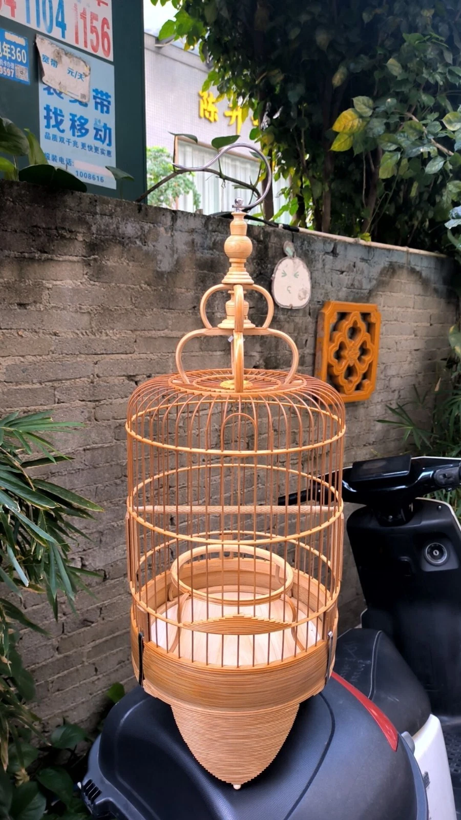 Chinese Carving Oriental Round Shape Bamboo Wood Birdcage Display 22cm
