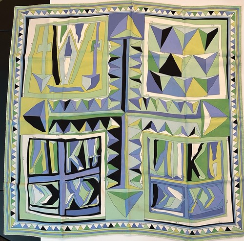Emilio Pucci Vintage Geometric Scarf Vibrant Greens and Blues Late 60s-early 70s