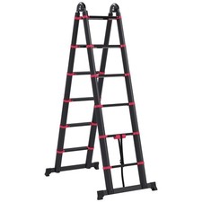 HOMCOM Scala Telescopica Pieghevole a 12 Gradini in Alluminio e Nylon Nera Rossa