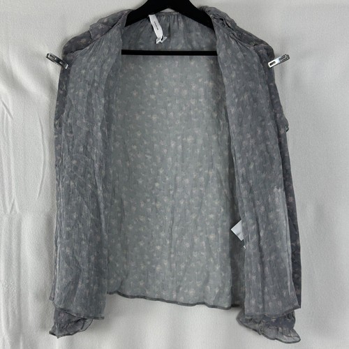 COACH Sz 4 Floral Ruffle Blouse 100% Silk Chiffon Gray Button Top Semi-Sheer - Picture 5 of 11