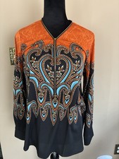 Bob Mackie Wearable Art Paisley Print Woven Blouse Zipper Neckline Size M New