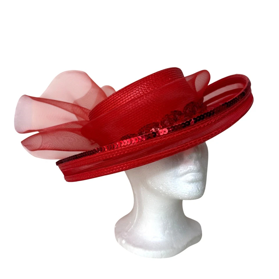 Elegante Sombrero Rojo Ala Ancha Formal Moda Tul Lazo Lentejuelas Declaración Iglesia Derby Foto 2 de 4