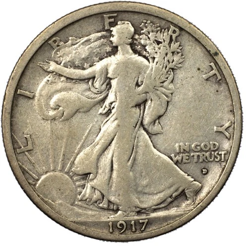 1917-D Obverse Walking Liberty Silver Half Dollar 50c Very Fine VF+