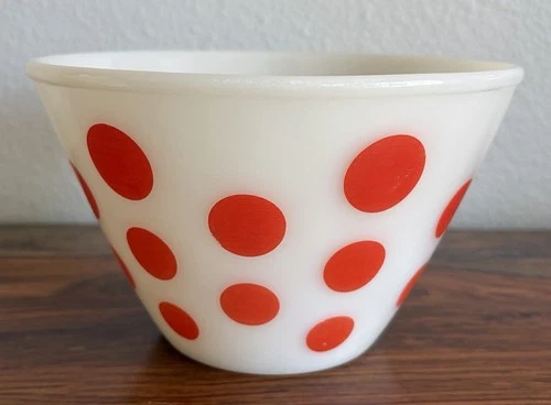 Vtg Fire King Oven Ware Milk Glass Red Polka Dot Small 6.5” Mixing Nesting Bowl