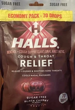 Halls ECONOMY PACK Black Cherry Cough & Throat Relief  SUGAR FREE 70 Cough Drops