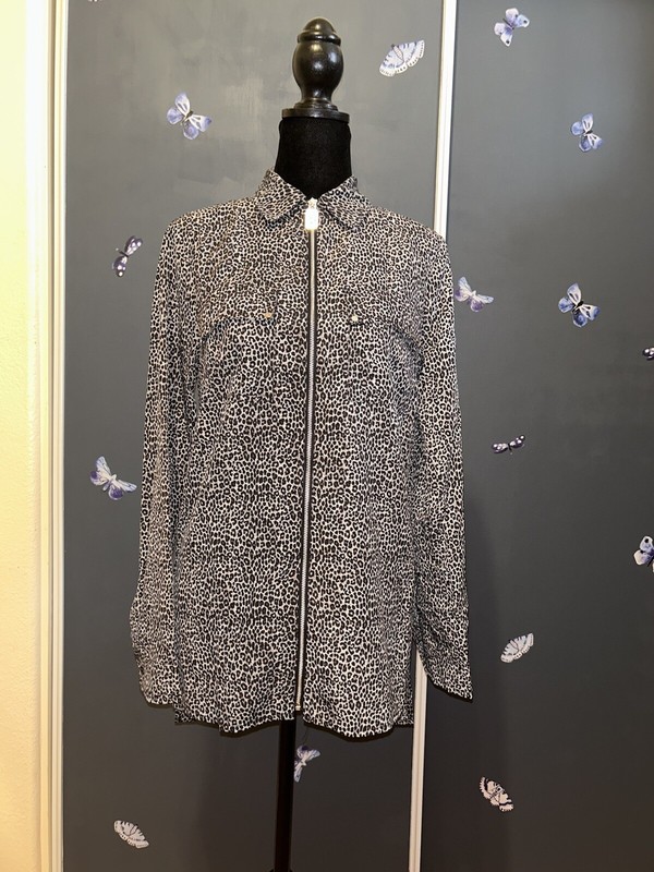 Michael Kors Zip Up Woman’s Blouse Small Black Grey Cheetah Animal Print NWOT
